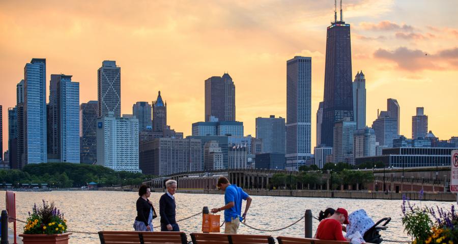 People walking around Pier Park in Chicago