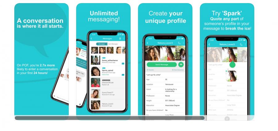 Mobile screenshots of the POF Dating app