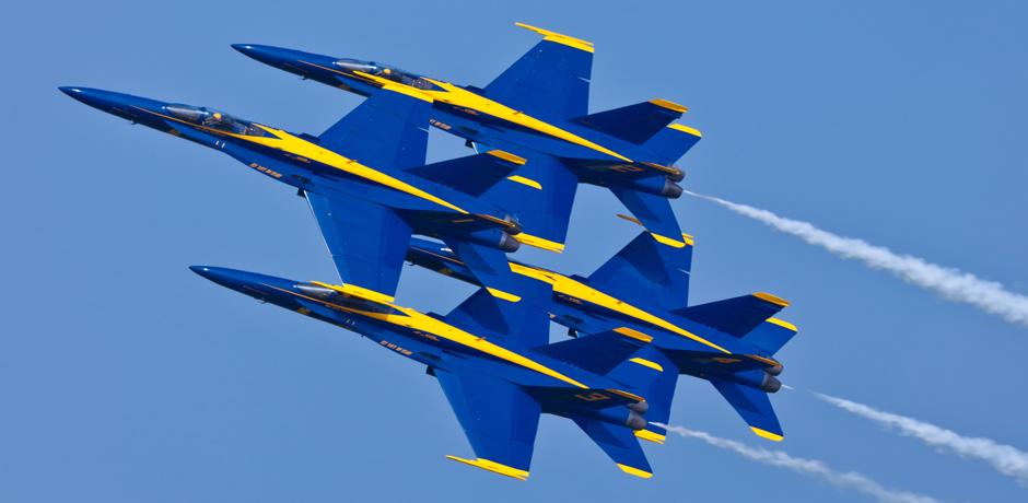 The Blue Angels over Chicago skyline at the Chicago Air & Water Show 