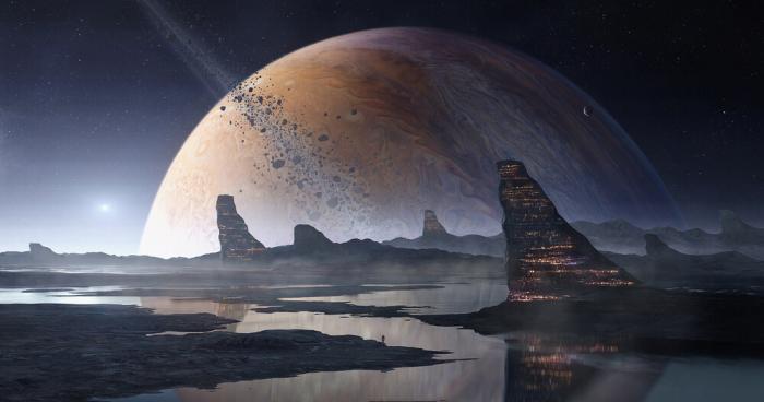 picture of a fantasy book concept with planets and lunar surface elements like water and hills