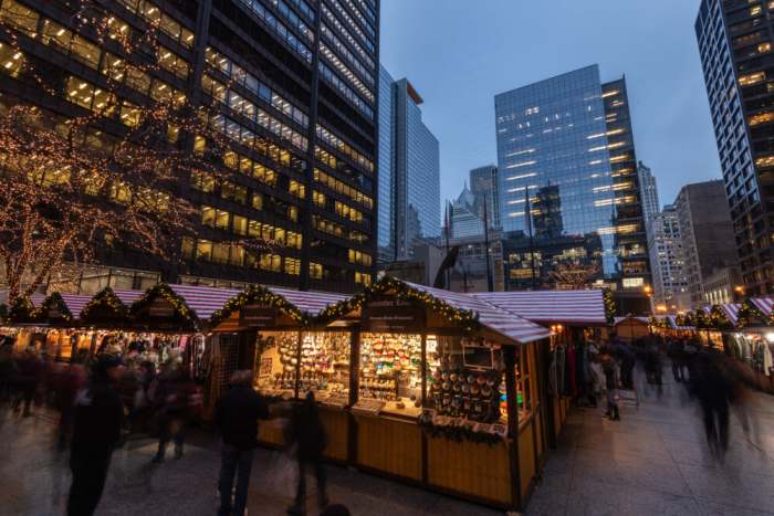 Long exposure photograph of the Chicago Christkindl Holiday Market. Vendors from around the world sell holiday themed products.