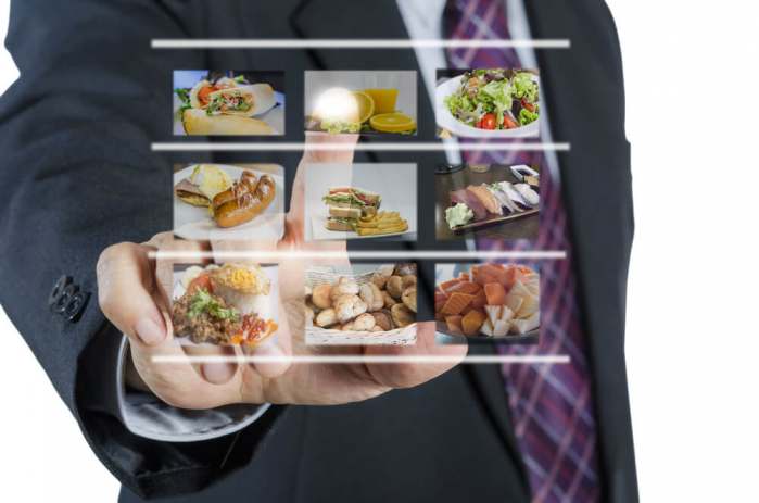 virtual restaurant in chicago: Businessman push virtual button screen in restaurant,isolated on white background