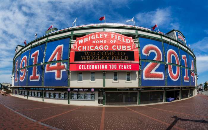 Exterior of Wrigley Field at the corner of Clark and Addison Streets on September 8, 2014 in Chicago, Illinois N