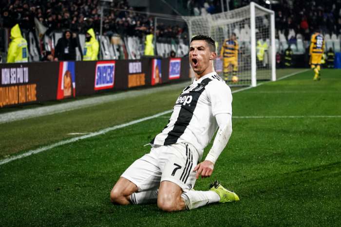 Turin, Italy. 02 February 2019. Campionato Italiano di SerieA, Juventus vs Parma 3-3. Cristiano Ronaldo, Juventus, celebrating the goal.