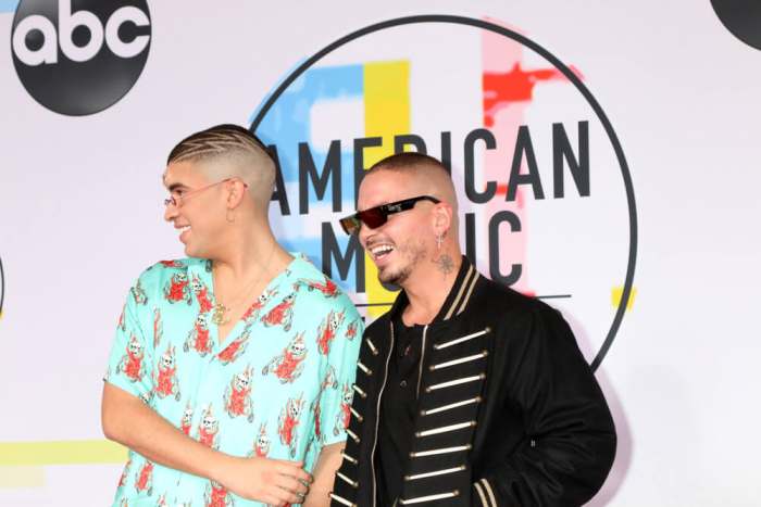 LOS ANGELES - OCT 9: Bad Bunny, J Balvin at the 2018 American Music Awards at the Microsoft Theater on October 9, 2018 in Los Angeles, CA