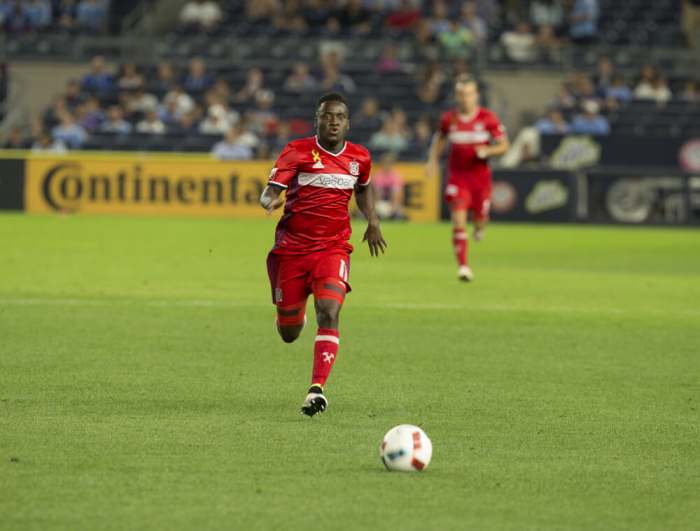 New York, NY USA - September 23, 2016: David Accam (11) of Chicago Fire controls ball during MLS game against New York City Football Club NYCFC won 4 - 1