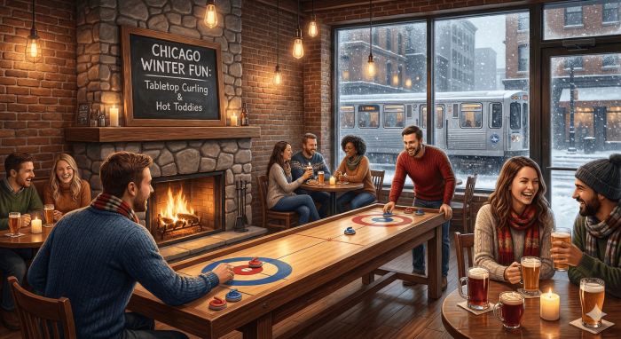 An artistic illustration contrasting the cold Chicago winter with warm indoor activities. The scene features a cozy, golden-lit interior showing a speakeasy with cocktails and a vibrant art museum gallery. Through a large window, the snowy Chicago skyline and Navy Pier are visible in the cool blue twilight, highlighting the inviting warmth inside.