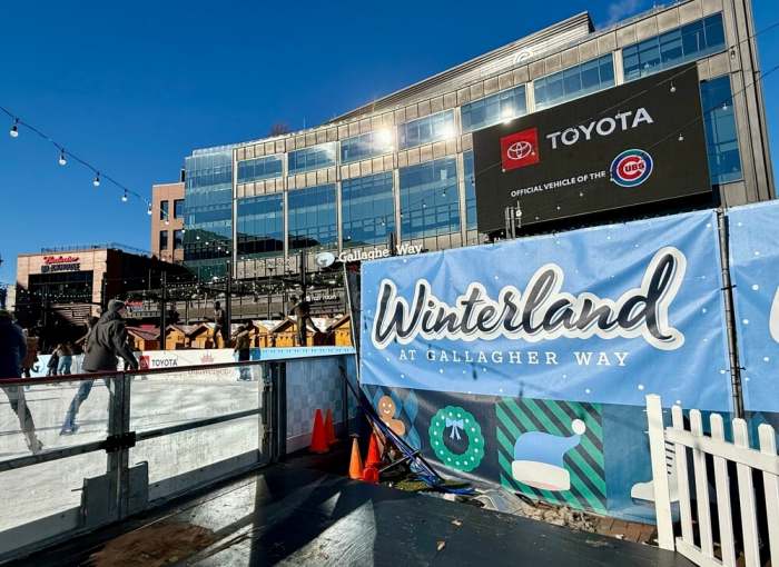 CHICAGO - NOVEMBER 28 2025: People Enjoy Skating Rink at Winterland at Authentic German Style Christkindlmarket in Wrigley Field,